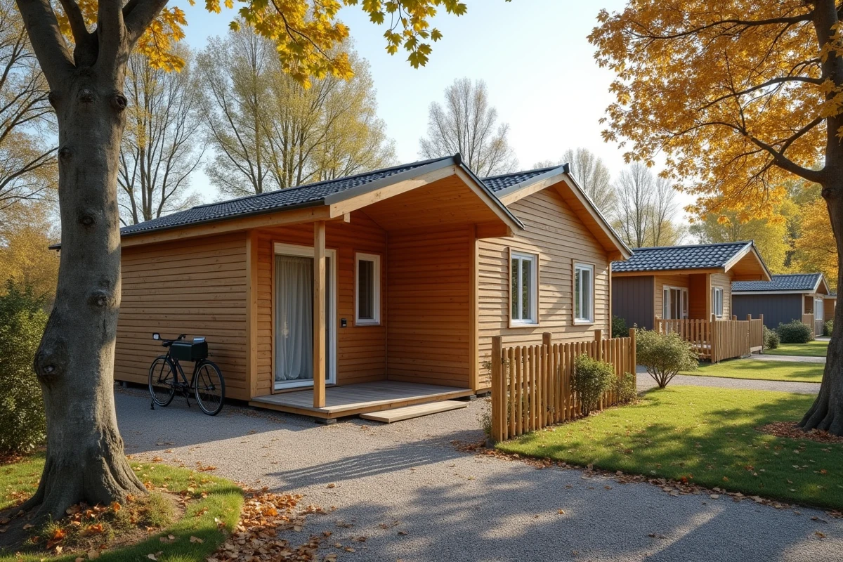 Vue d'une parcelle résidentielle en PRL en Vendée avec chalet et jardin privatif en automne