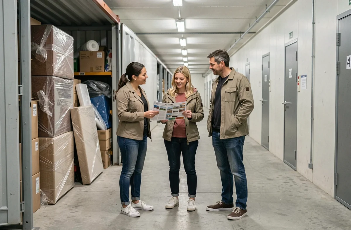 Groupe de participants inspectant un box de stockage abandonné lors d'une vente aux enchères légale en France