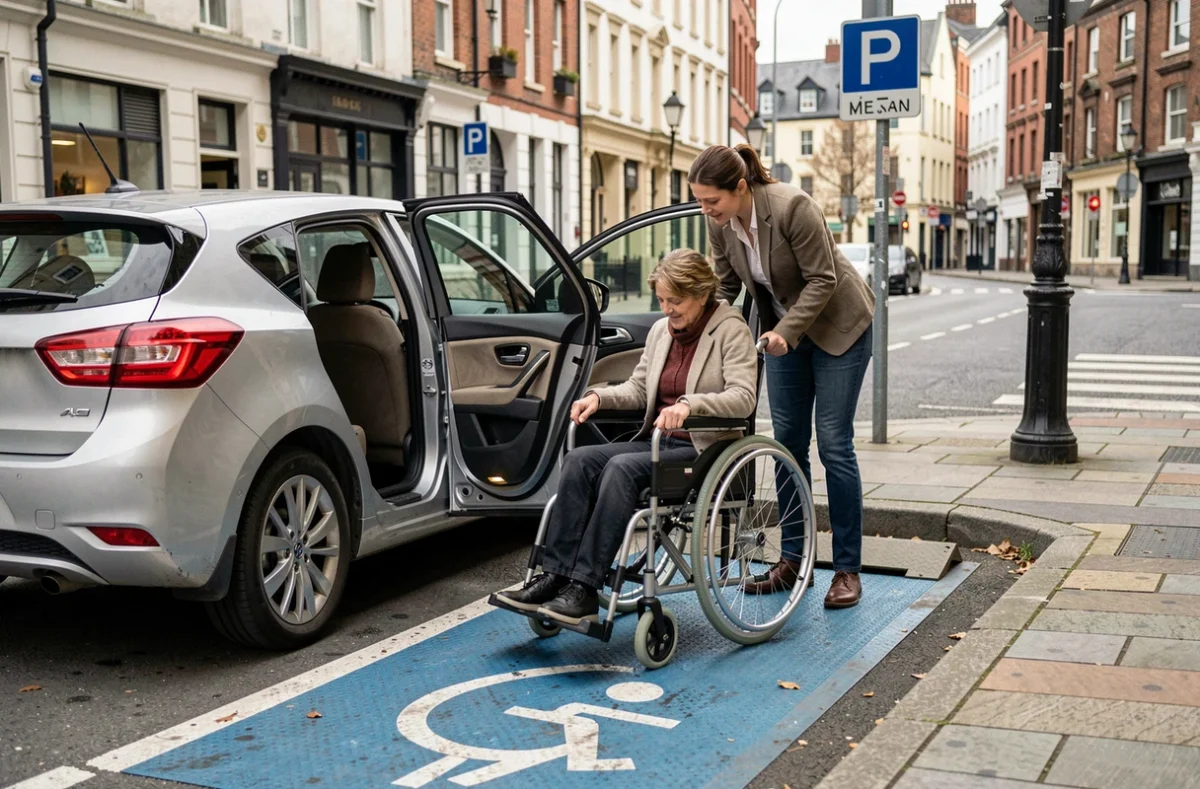 Personne en fauteuil roulant sortant d'un véhicule garé sur une place PMR en ville avec zone hachurée bleue