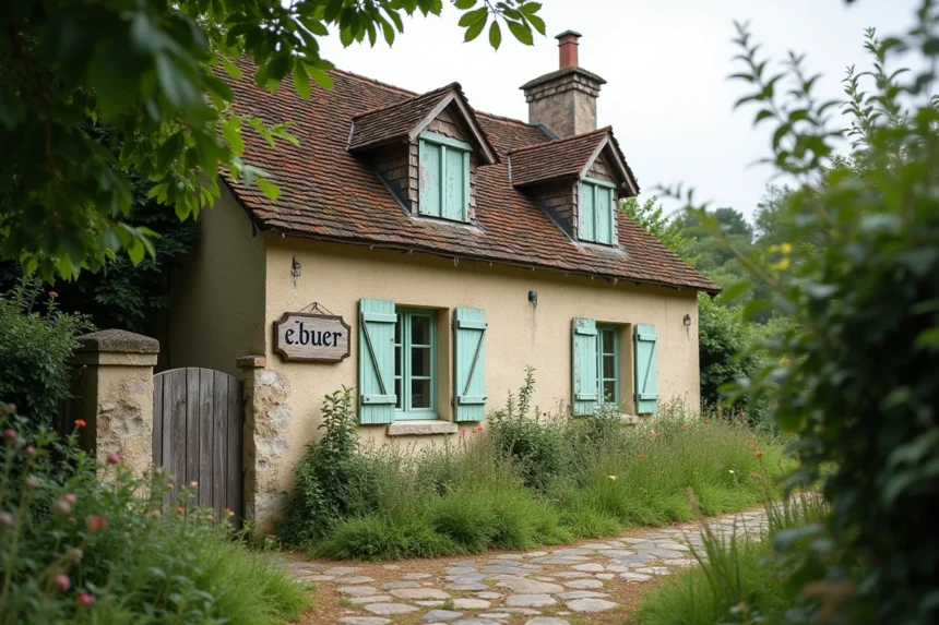Petite maison en pierre à louer à la campagne dans l'Eure en Normandie, entourée de pommiers et d'un jardin fleuri avec un panneau À Louer