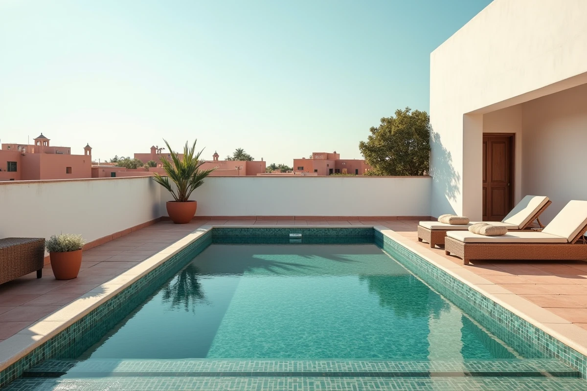 Piscine privée sur terrasse d'un appartement à vendre à Marrakech avec décoration marocaine contemporaine