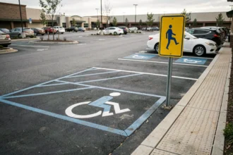 Place de parking PMR balisée en bleu avec symbole fauteuil roulant dans un parking extérieur de centre commercial