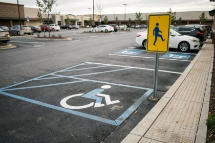 Place de parking PMR balisée en bleu avec symbole fauteuil roulant dans un parking extérieur de centre commercial