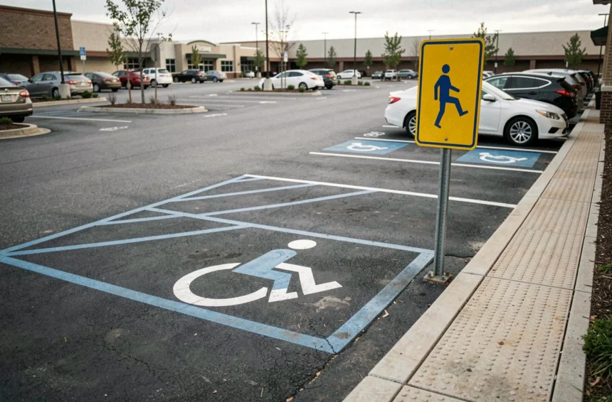 Place de parking PMR balisée en bleu avec symbole fauteuil roulant dans un parking extérieur de centre commercial
