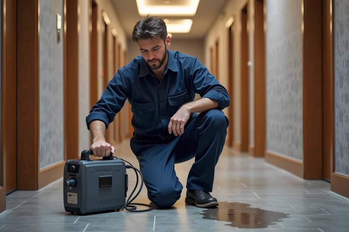 Plombier en uniforme examine une fuite d'eau dans un couloir moderne