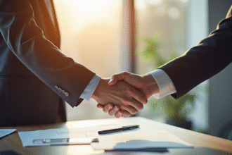 Poignee de main entre agent immobilier et client dans un bureau lumineux