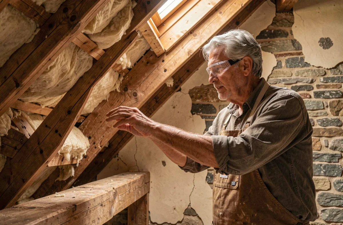 Artisan spécialisé en charpente et isolation inspectant une ossature bois ancienne lors d'une rénovation du patrimoine
