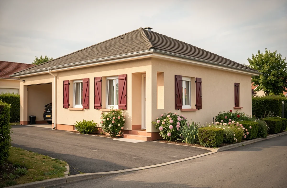 Maison pavillonnaire avec volets bordeaux et jardin fleuri construite par Primea en Ille-et-Vilaine