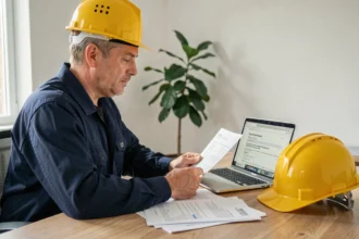 Professionnel du BTP consultant un devis assurance habitation sur ordinateur portable à son bureau