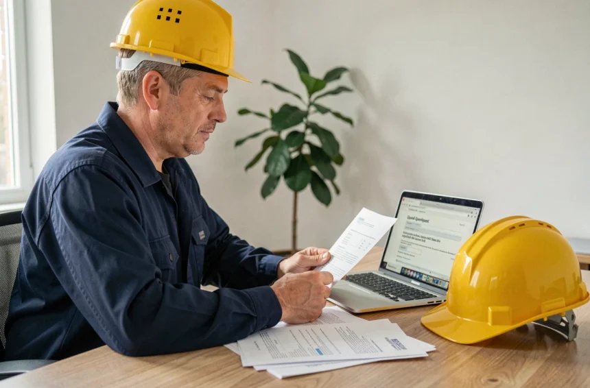 Professionnel du BTP consultant un devis assurance habitation sur ordinateur portable à son bureau