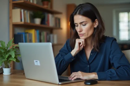 Femme frustrée devant un problème de connexion au portail MyFoncia sur son ordinateur portable à domicile