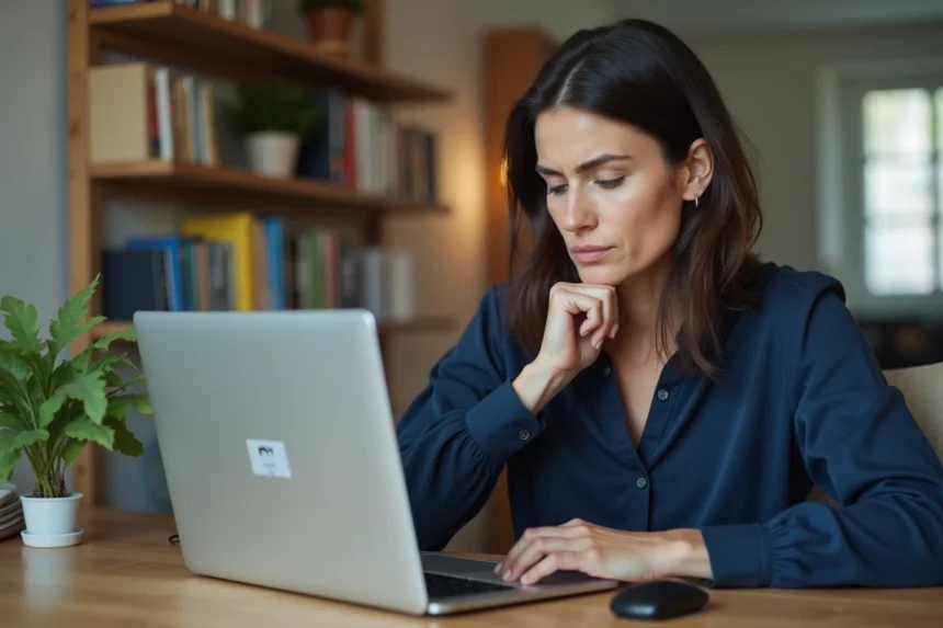 Femme frustrée devant un problème de connexion au portail MyFoncia sur son ordinateur portable à domicile