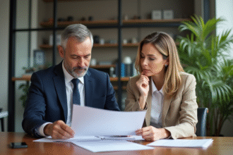 Deux professionnels en réunion d'affaires pour un prêt immobilier