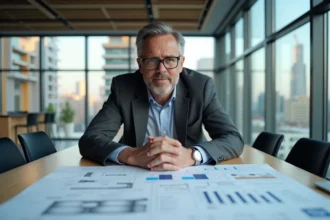 Promoteur immobilier analysant des plans de construction et des tableaux de coûts sur un logiciel de gestion de projets immobiliers