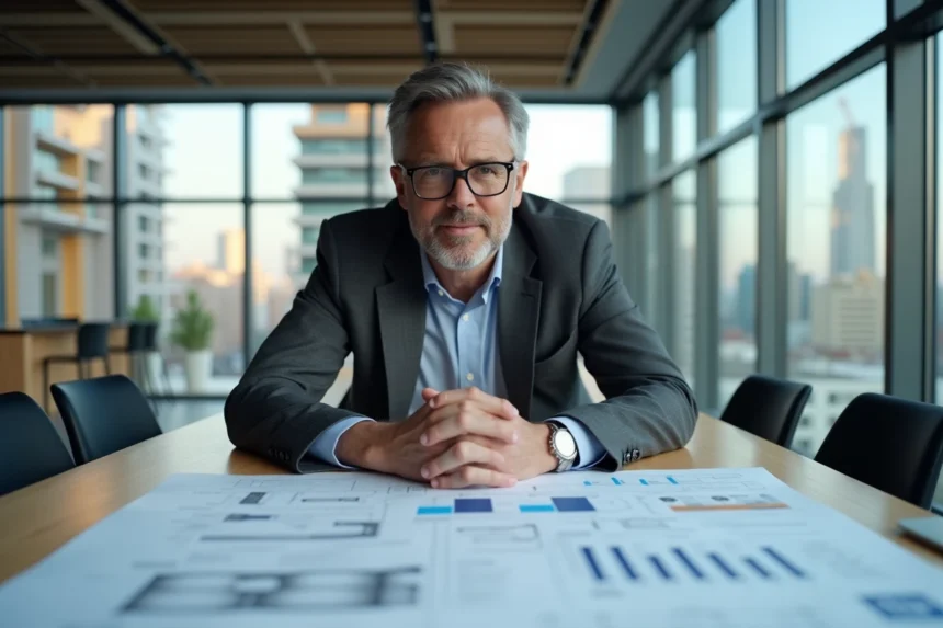 Promoteur immobilier analysant des plans de construction et des tableaux de coûts sur un logiciel de gestion de projets immobiliers