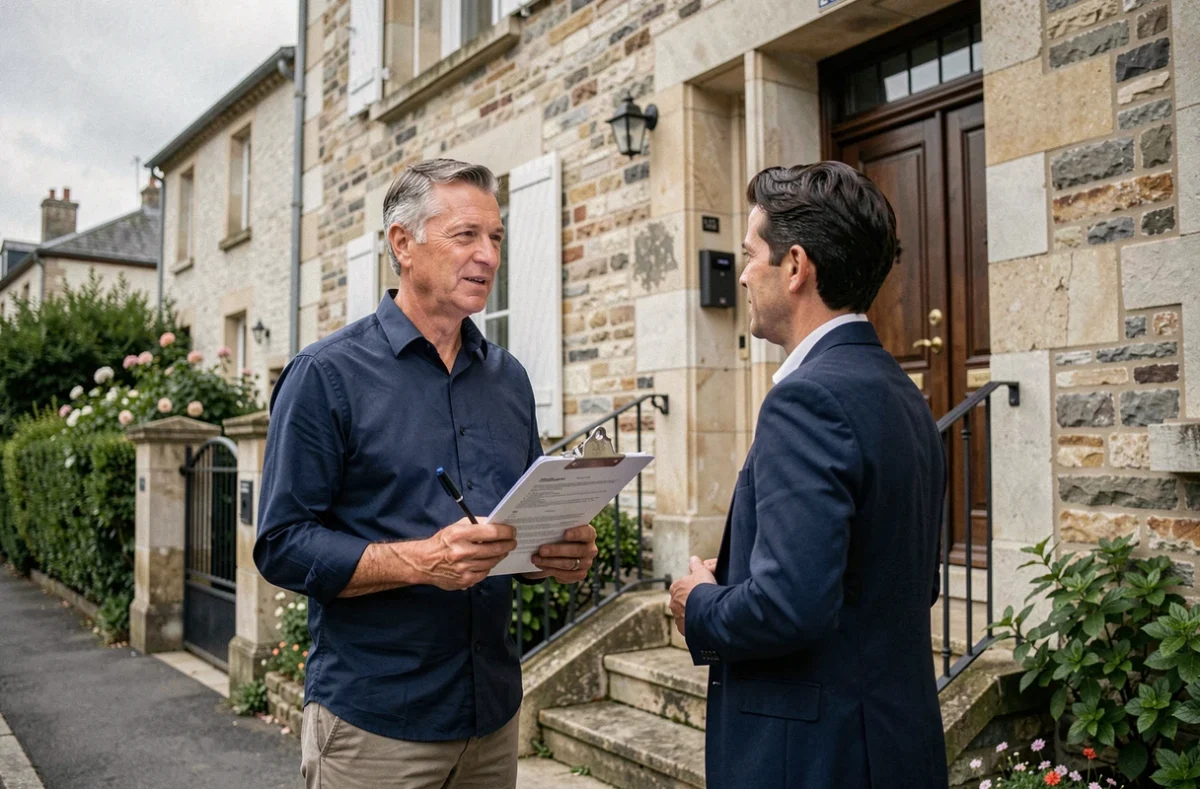 Propriétaire discutant de son assurance habitation avec un agent devant une maison en pierre française