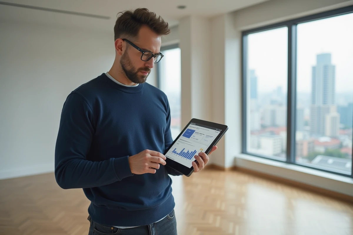 Propriétaire masculin dans un appartement vide consultant un tableau de bord de gestion locative sur tablette, illustration des outils LOC pour débutants