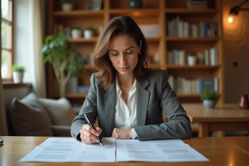 Propriétaire signant un contrat de location pour tournage dans son salon