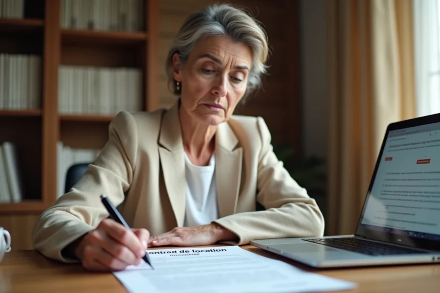 Propriétaire débutante examinant un contrat de location assis à un bureau en bois, expression hésitante, représentant les questionnements face aux services LOC