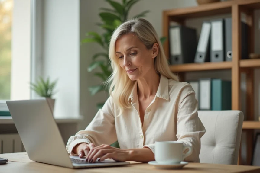 Propriétaire connectée sur l'espace client MyFoncia depuis son bureau à domicile