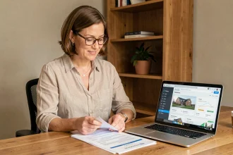 Propriétaire immobilière consultant des documents de gestion locative sur un bureau en bois avec un ordinateur portable