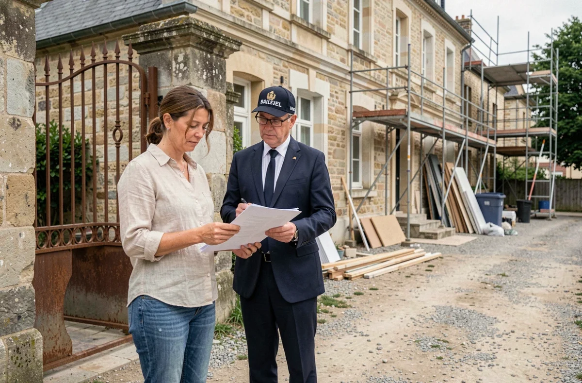 Propriétaire et huissier examinant un constat officiel devant une maison en rénovation avec échafaudage