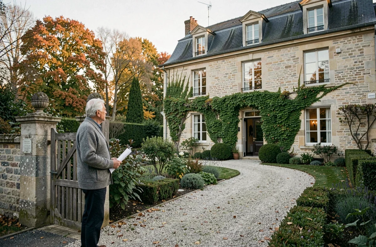 Propriétaire âgé devant sa maison en pierre réfléchissant aux enjeux du démembrement de propriété dans sa succession