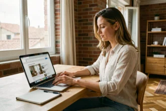 Femme cherchant une location immobilière sur le Bon Coin depuis son appartement toulousain