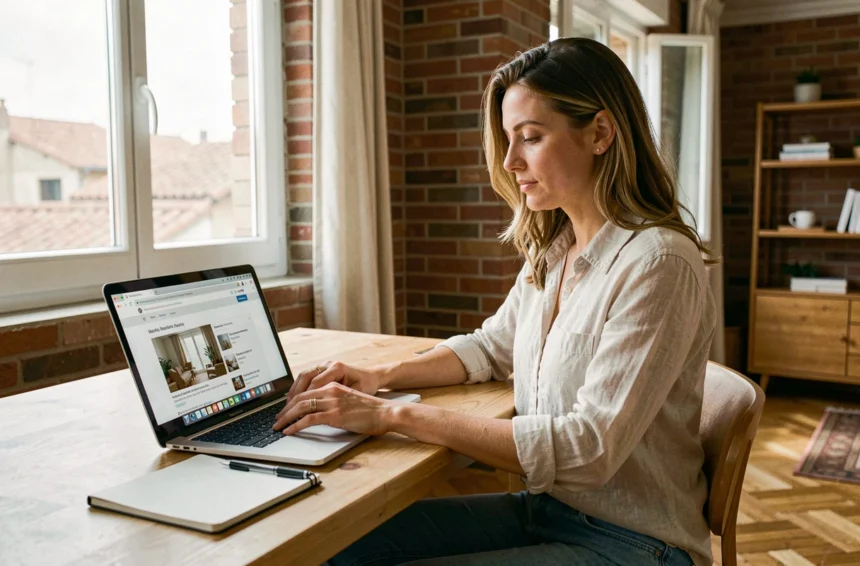 Femme cherchant une location immobilière sur le Bon Coin depuis son appartement toulousain