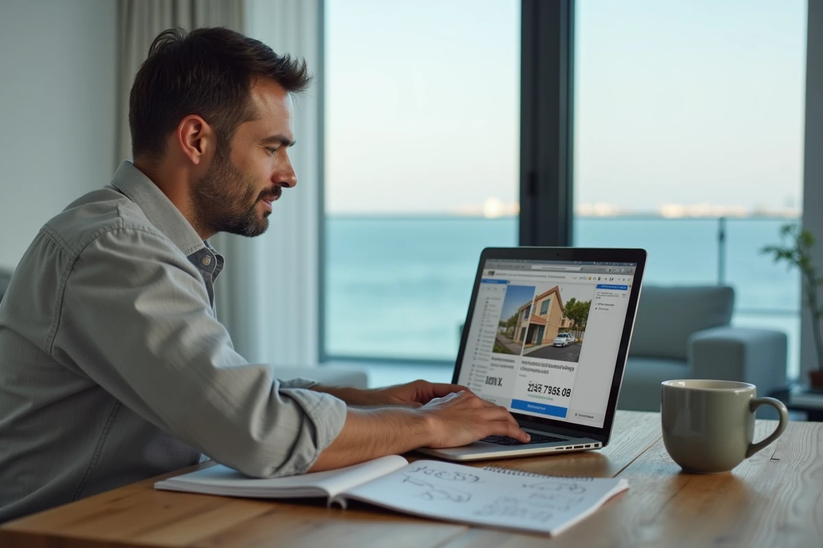 Homme comparant les prix d'appartements vue mer sur internet pour préparer une négociation immobilière