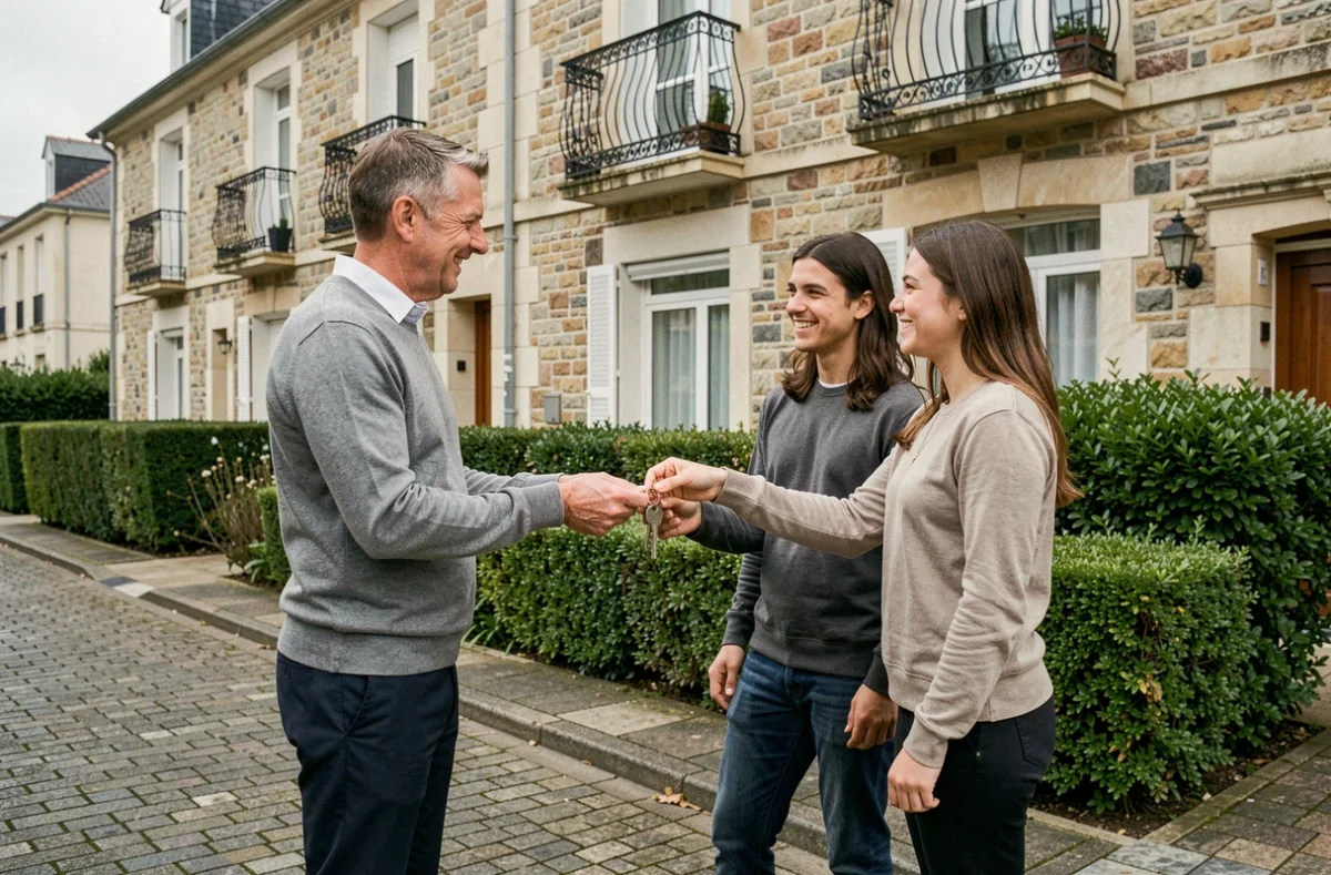 Gestionnaire locatif remettant les clés d'un appartement à des locataires devant un immeuble résidentiel dans les Yvelines
