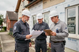 Équipe de rénovation énergétique devant une maison en cours d'isolation thermique en Meurthe-et-Moselle
