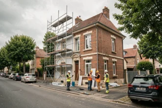 Vue générale d'une maison en cours de rénovation énergétique dans le Val-de-Marne avec échafaudage et ouvriers