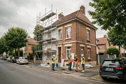 Vue générale d'une maison en cours de rénovation énergétique dans le Val-de-Marne avec échafaudage et ouvriers