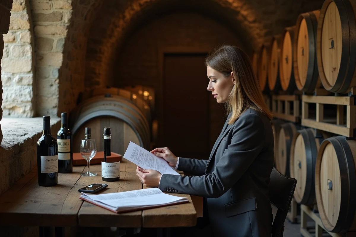 Femme d'affaires étudiant les documents de reprise d'une marque de vin dans une cave viticole bordelaise avec des barriques en chêne
