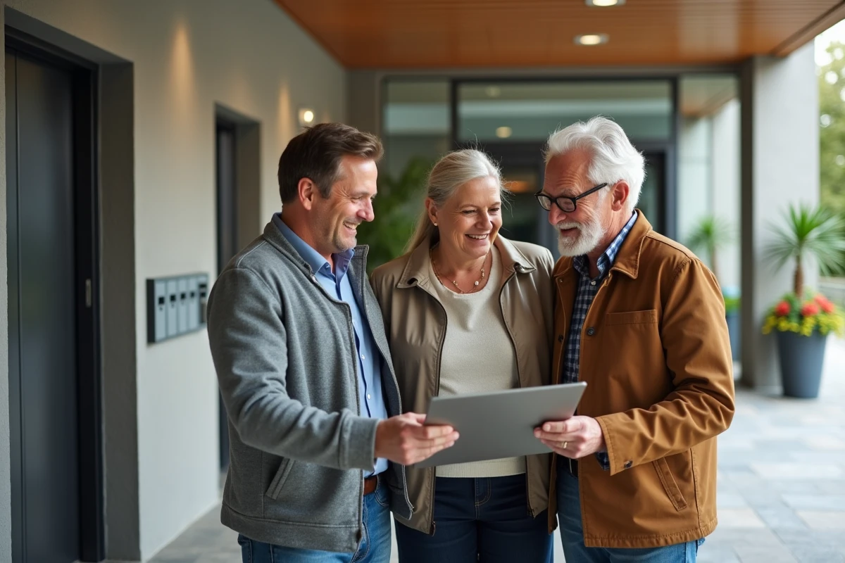 Groupe de résidents discutant dans le hall condo