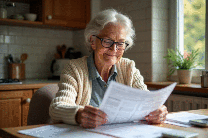 Femme retraitée lisant ses papiers fiscaux dans une cuisine chaleureuse