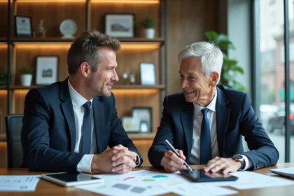 Couple en costume dans une agence immobiliere moderne