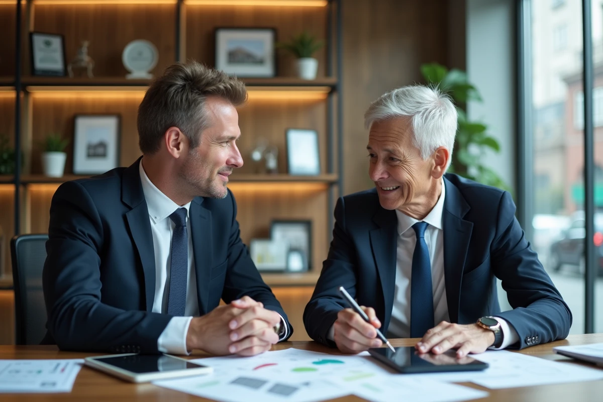 Couple en costume dans une agence immobiliere moderne
