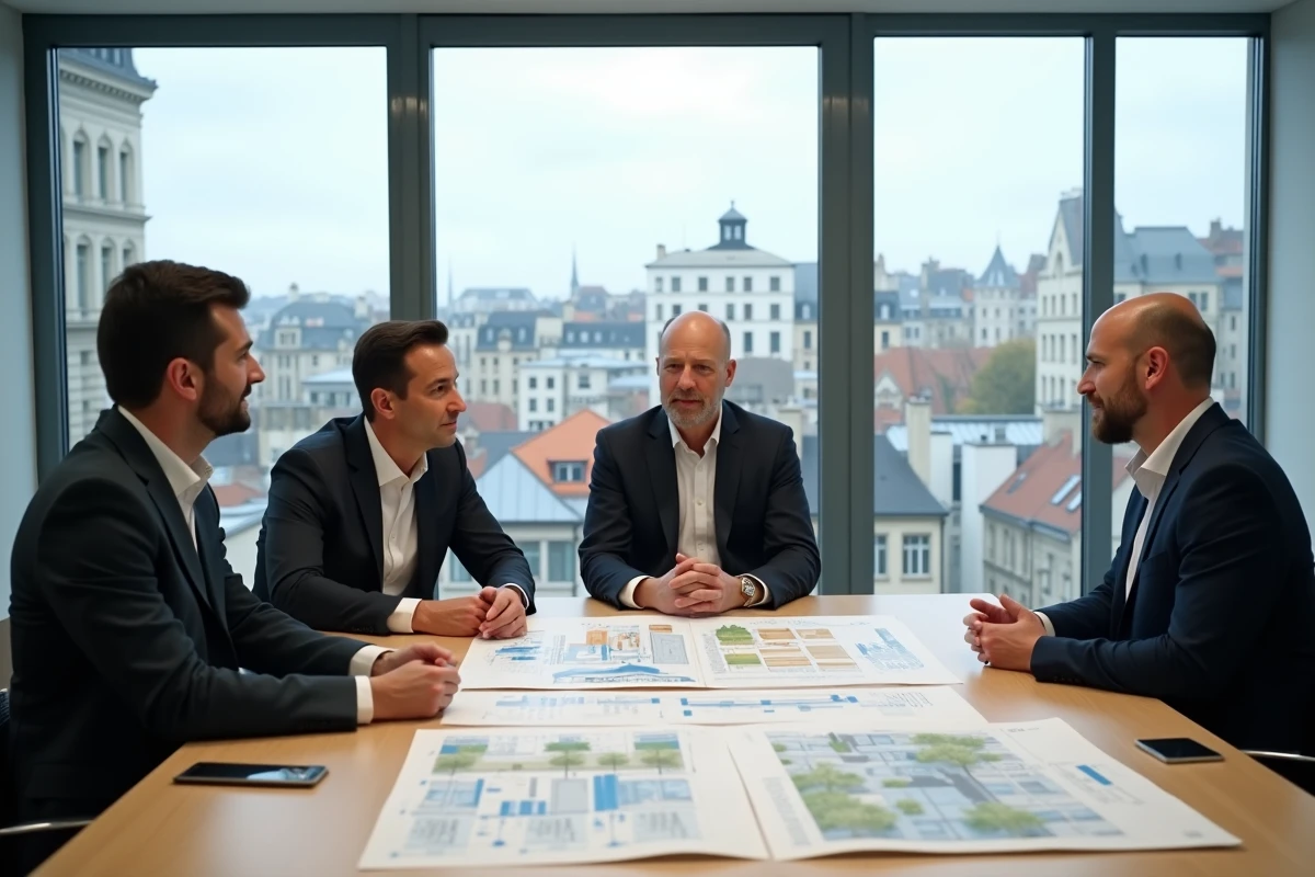 Groupe d'investisseurs régionaux réunis autour de plans immobiliers dans une salle de réunion avec vue sur une ville du nord de la France
