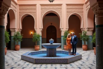 Cour intérieure d'un riad traditionnel en médina de Marrakech avec fontaine en zellige et arches en stuc sculpté