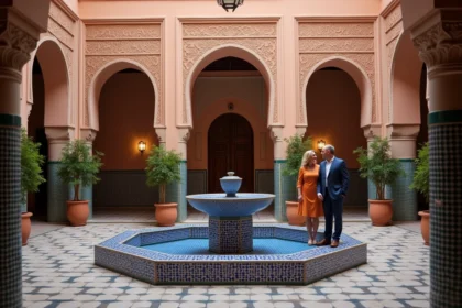 Cour intérieure d'un riad traditionnel en médina de Marrakech avec fontaine en zellige et arches en stuc sculpté