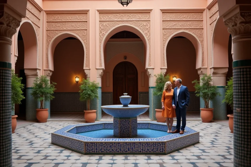 Cour intérieure d'un riad traditionnel en médina de Marrakech avec fontaine en zellige et arches en stuc sculpté