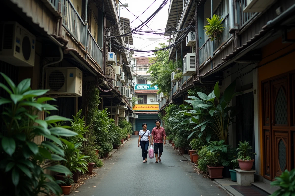 Ruelle résidentielle de Bangkok avec immeubles d'appartements abordables à proximité d'une station de métro MRT