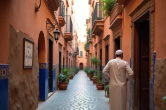 Ruelle authentique de la médina de Marrakech avec panneau à vendre sur riad traditionnel en pisé