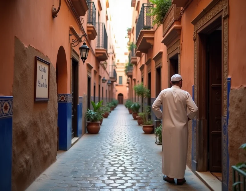 Ruelle authentique de la médina de Marrakech avec panneau à vendre sur riad traditionnel en pisé