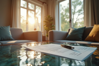 Salon moderne inondé avec documents d'assurance et stylo