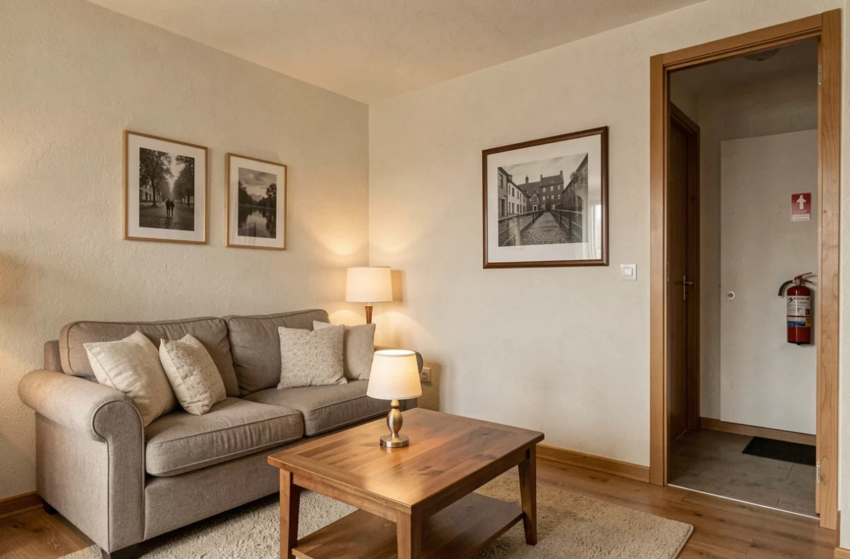 Salon d'un logement meublé avec canapé, mobilier et équipements couverts par une assurance habitation