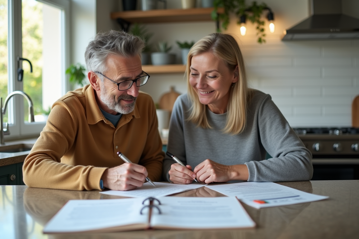 Couple signant des papiers d achat immobilier dans une cuisine chaleureuse