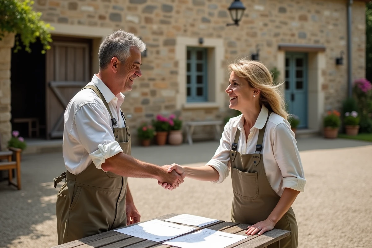 Deux personnes signant un contrat de location de terrain agricole dans une ferme en pierre, accord direct entre propriétaire et locataire